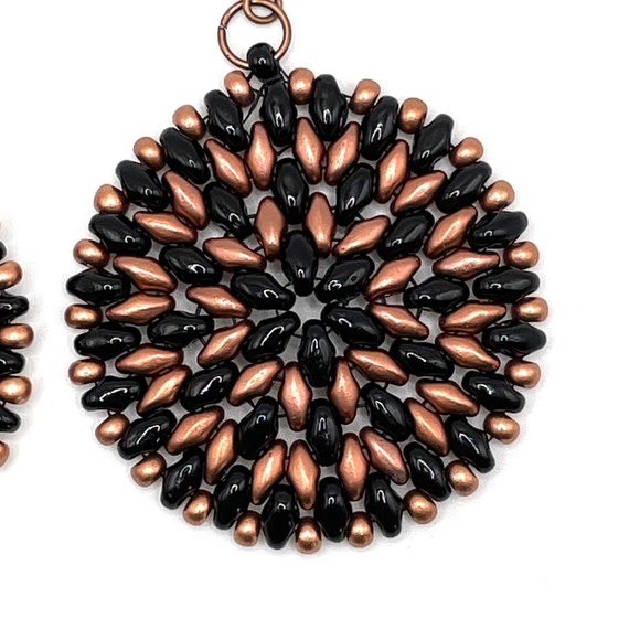 Czech Glass Hand Stitched Beaded Black & Copper Round Boho Pierced Earrings - Picture 5 of 9